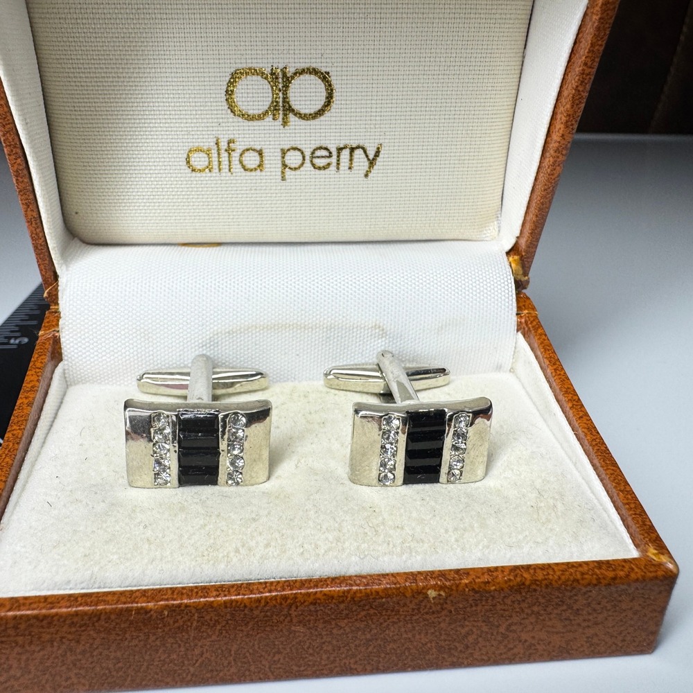 Alfa Perry Cufflinks Black Onyx & Rhinestone Silver Tone Mens‎ Formal